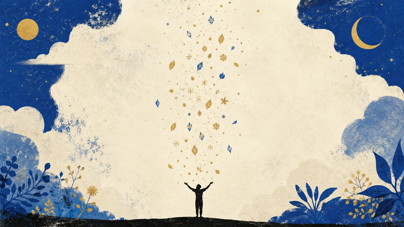 Silhouette humaine les mains ouvertes vers le ciel, entourée d'une pluie de motifs organiques dorés qui descendent doucement, fond ivoire-crème et cobalt