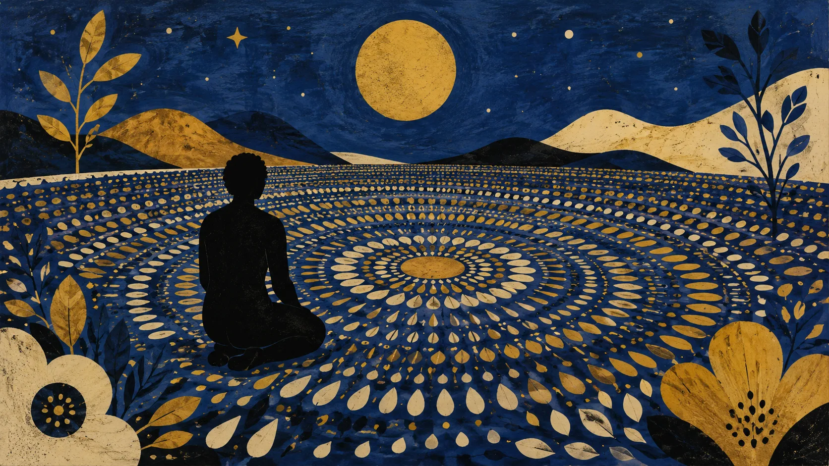 Silhouette agenouillée face à un sol constellé de motifs organiques lumineux qui rayonnent en cercles concentriques vers l'horizon, tons cobalt et or