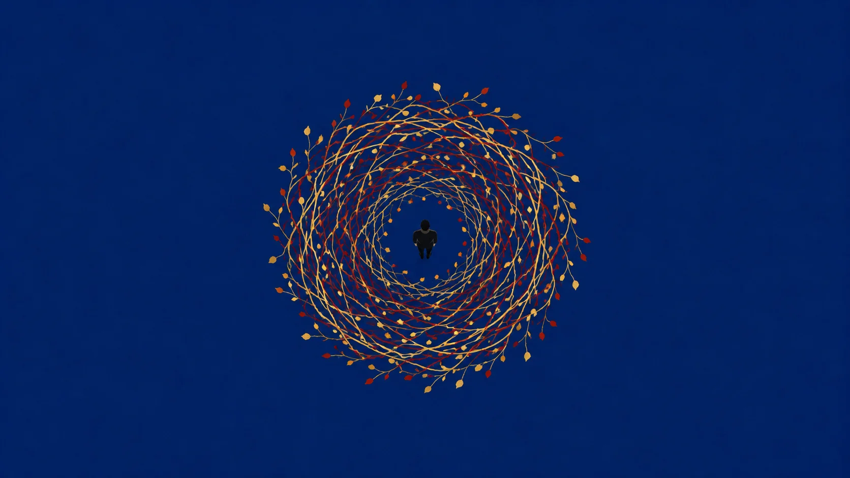 Vue aérienne d'une silhouette isolée au centre d'un cercle de motifs organiques rouges qui se resserre progressivement, fond bleu cobalt