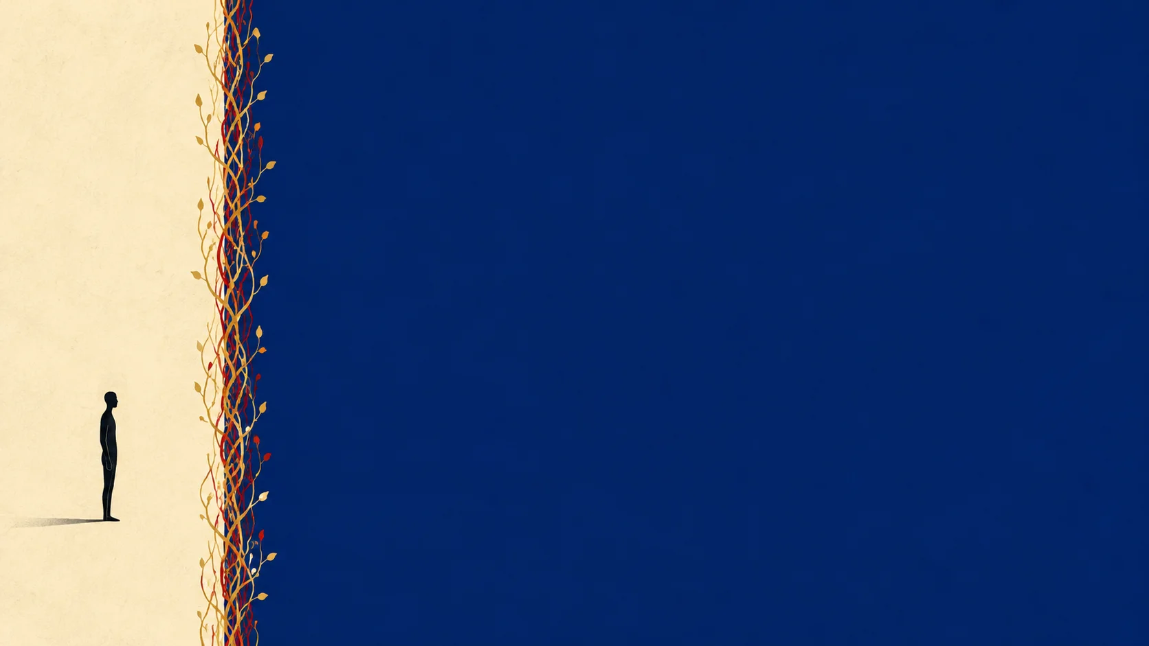 Silhouette humaine à l'extrémité gauche du cadre, séparée par une ligne de motifs organiques rouges et dorés d'un vaste espace bleu cobalt vide, fond ivoire-crème