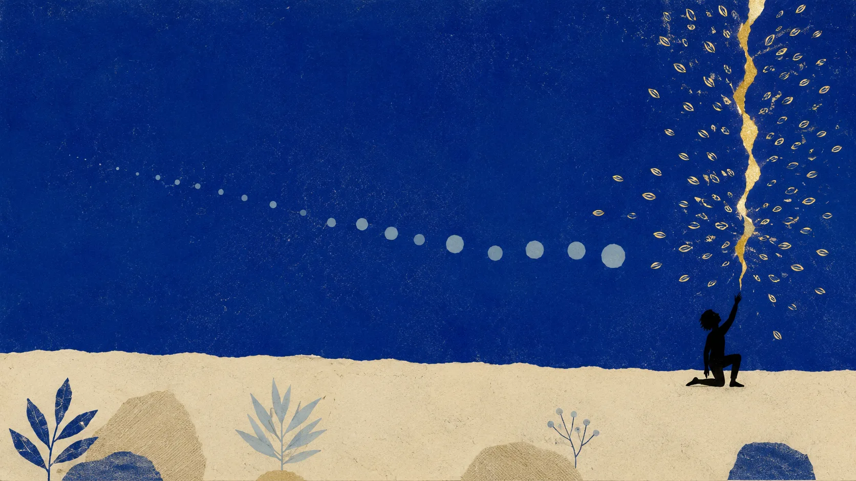 Silhouette agenouillée à l'extrême droite du cadre, un bras tendu vers une fissure de lumière dorée qui fend un ciel bleu cobalt constellé de petits motifs ovales, horizon ivoire-crème en bas du cadre