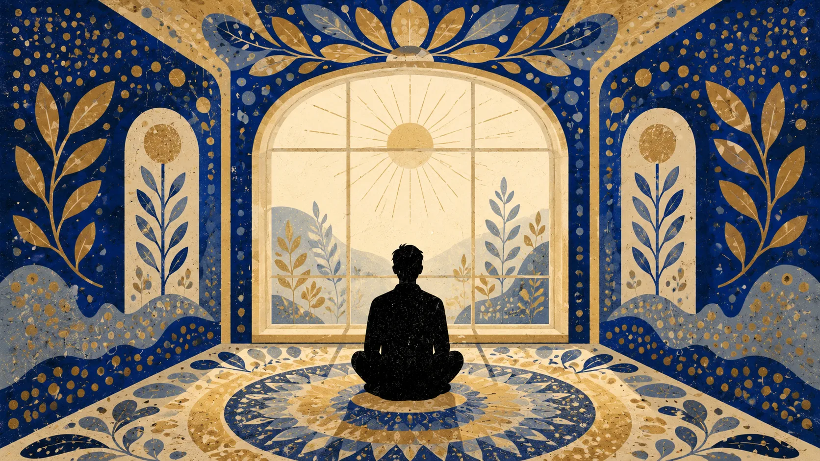 Silhouette assise face à une fenêtre lumineuse encadrée de motifs organiques bleu cobalt et dorés, sur fond ivoire-crème