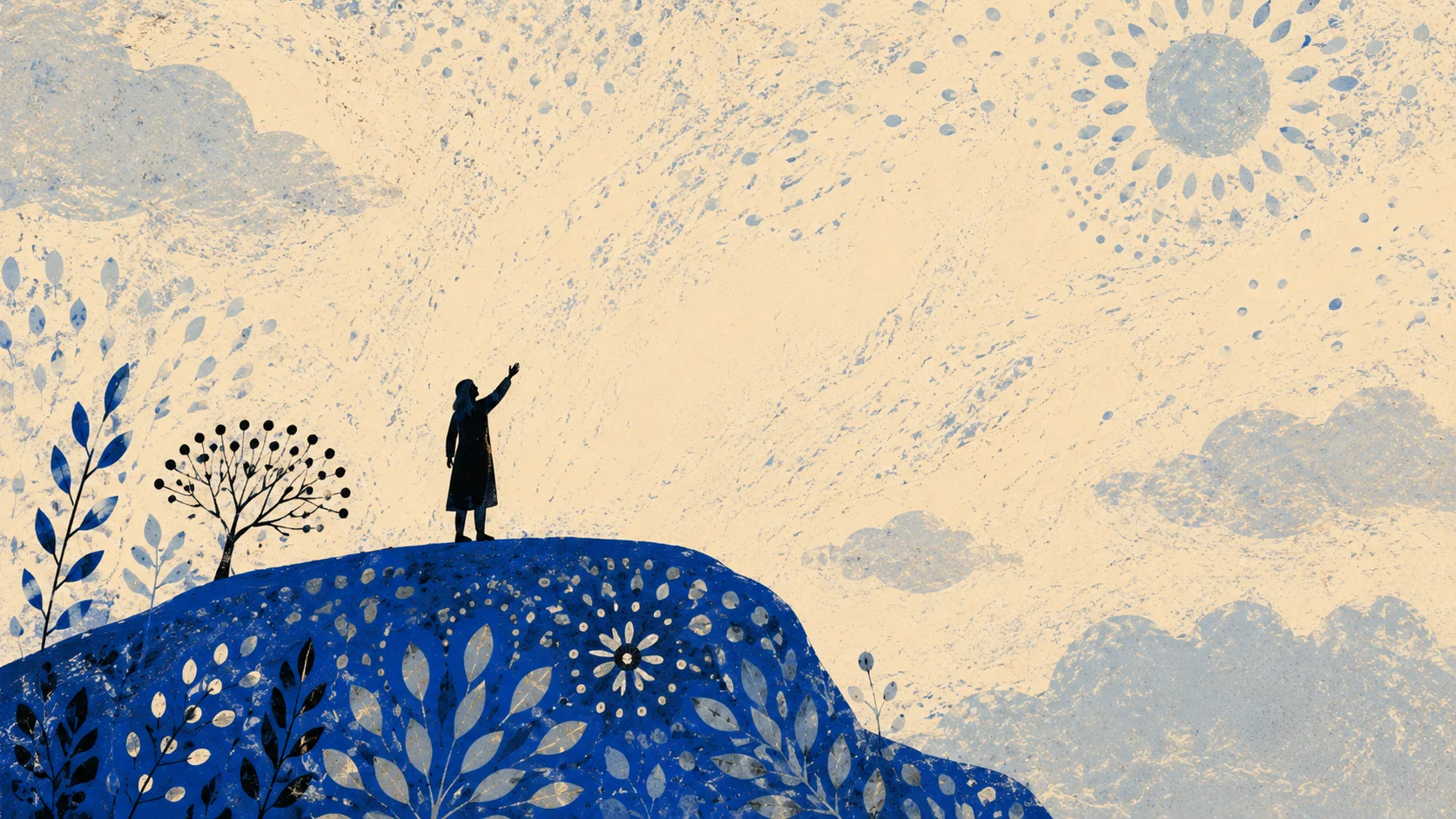 Silhouette au sommet d'une colline couverte de motifs organiques bleus, bras levé vers un soleil rayonnant dans un ciel crème, symbole d'une nouvelle direction de vie