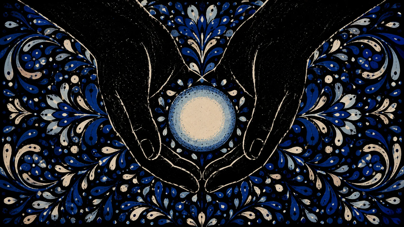 Gros plan sur deux mains en coupe formant un cercle de lumière, entourées de motifs ornementaux bleu nuit et crème