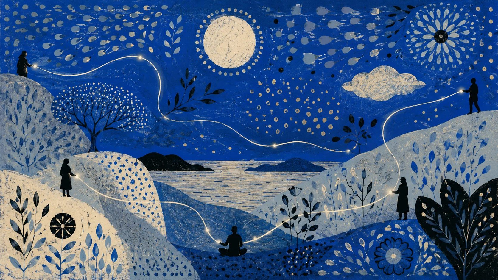 Plusieurs silhouettes disséminées sur des collines nocturnes couvertes de motifs organiques, reliées entre elles par de fins fils de lumière, sous une pleine lune