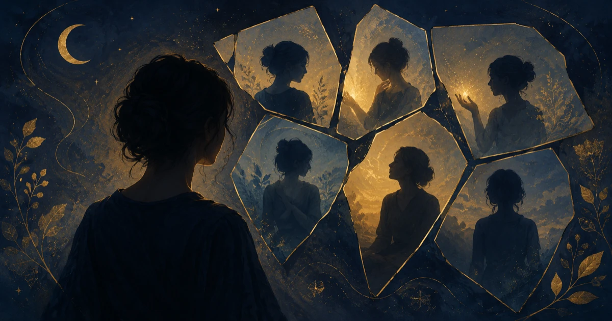 Silhouette de profil face à un miroir fragmenté qui reflète plusieurs versions d'elle-même en motifs organiques dorés et bleu nuit