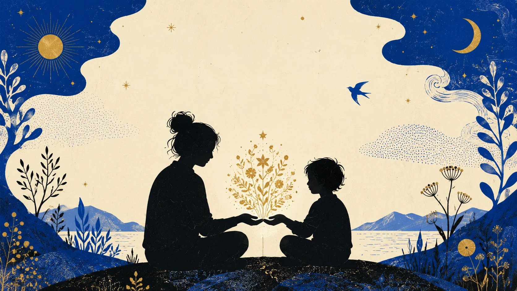 Deux silhouettes, une adulte et une enfant, mains ouvertes ensemble vers un petit bouquet de motifs organiques dorés, fond ivoire-crème et cobalt