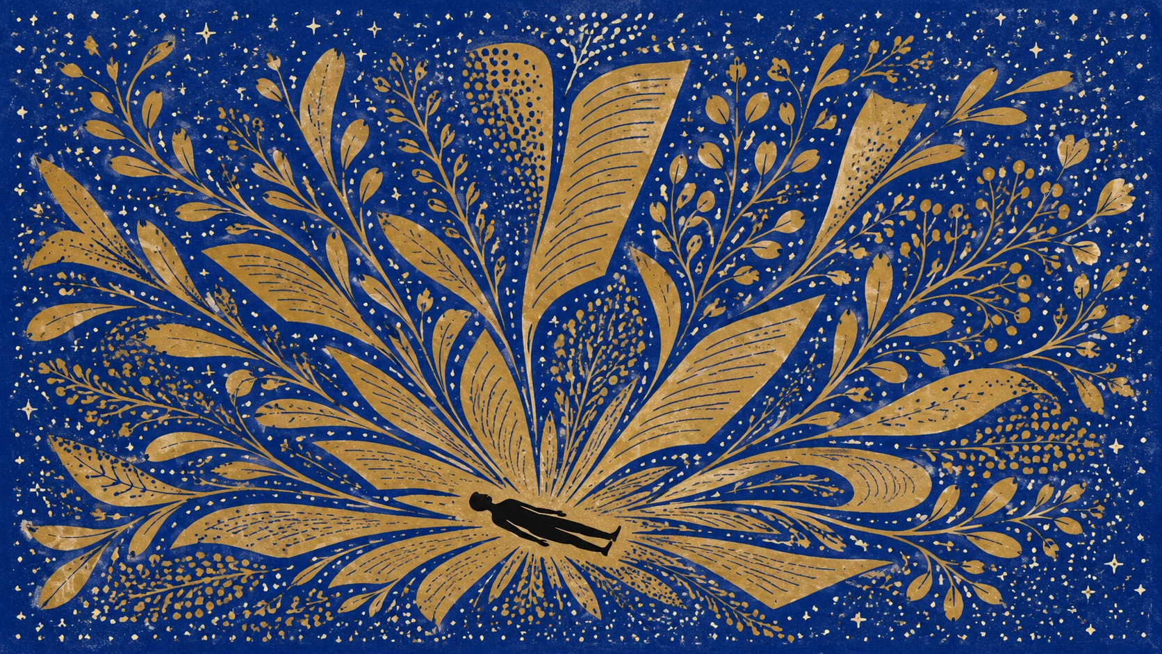 Vue de dessus d'une silhouette allongée entourée de motifs organiques dorés en forme de pages qui se déploient, fond bleu cobalt constellé de points ivoire
