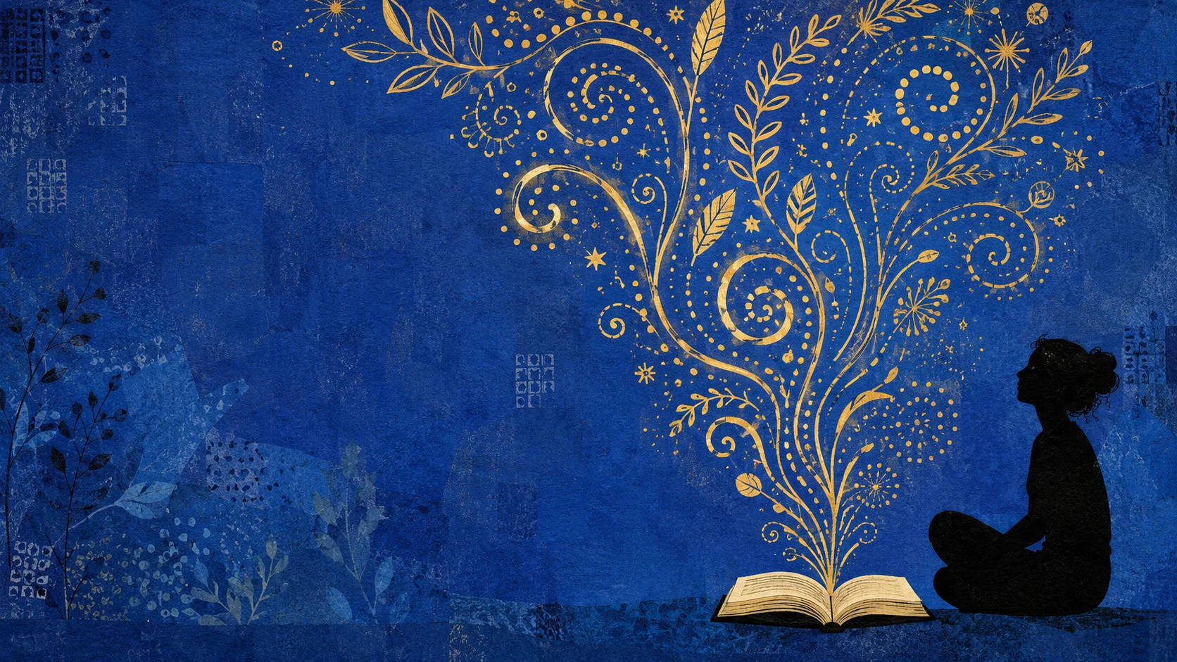 Silhouette assise en tailleur au coin inférieur droit du cadre, un livre ouvert posé devant elle d'où s'élèvent des motifs organiques dorés en spirale douce, fond bleu cobalt profond