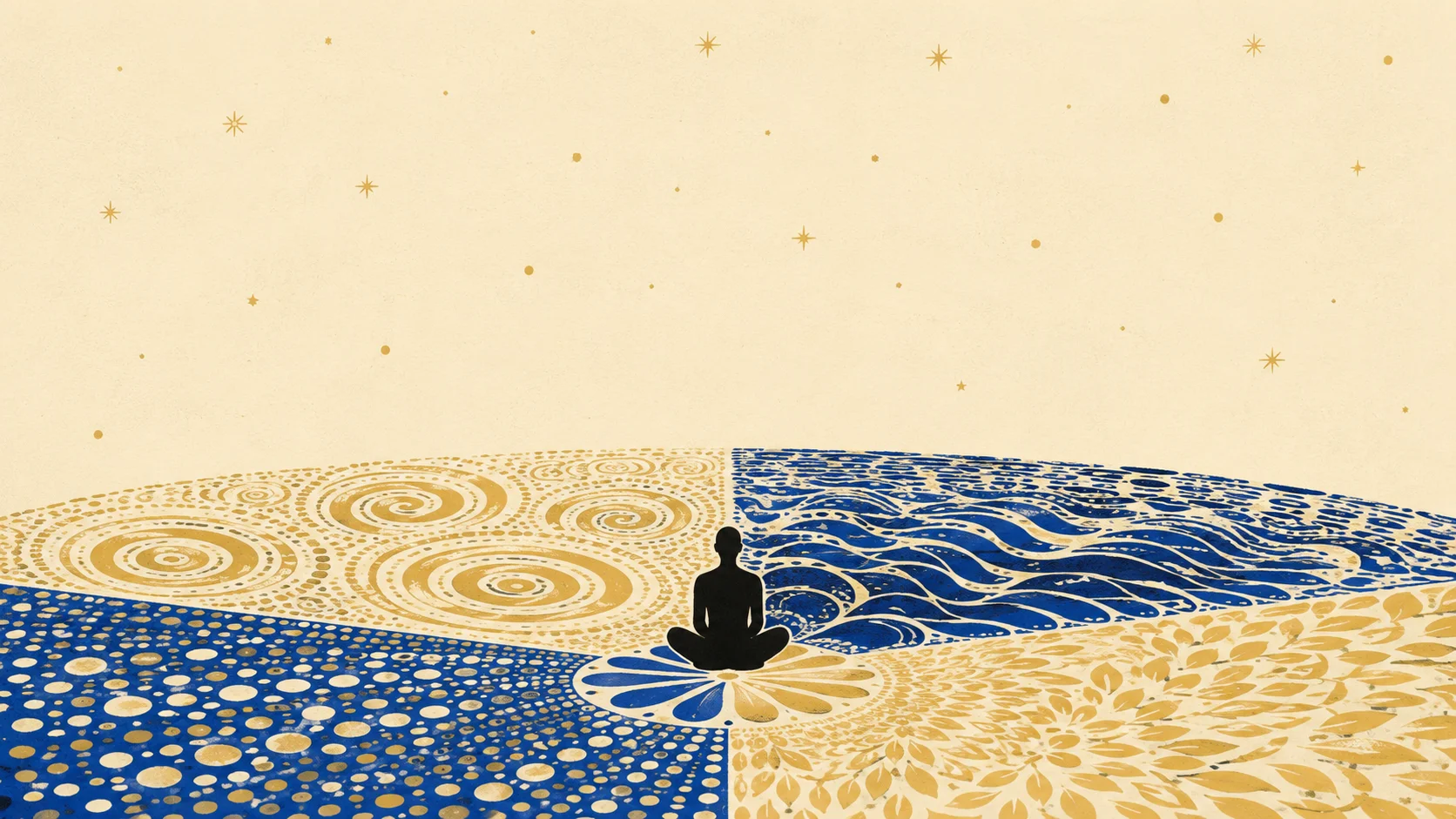 Silhouette humaine assise en tailleur au centre d'un mandala à quatre quadrants de motifs organiques cobalt et dorés, chaque quadrant représentant une facette différente, fond ivoire-crème