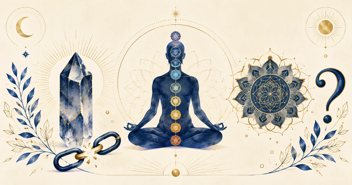 Collage surréaliste montrant des symboles New Age (cristaux, mandala, chakras) entrelacés avec des chaînes brisées et des points d'interrogation, fond ivoire avec accents cobalt et or