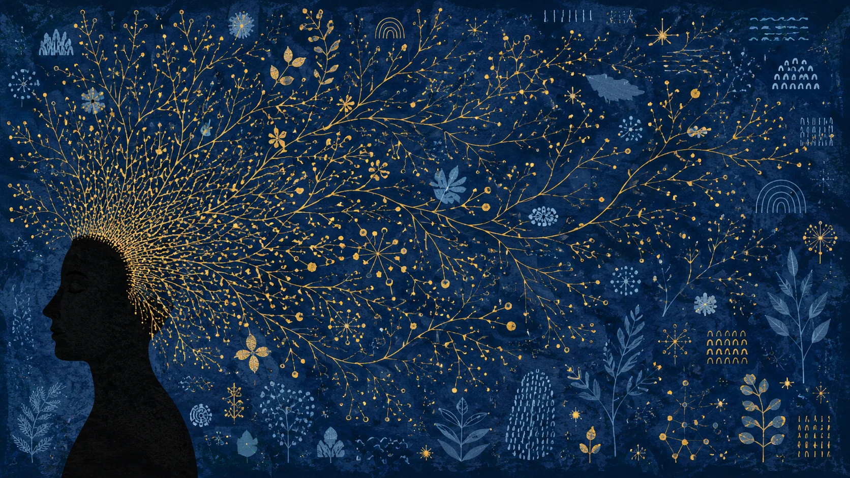 Silhouette de profil positionnée à l'extrême gauche du cadre, un réseau dense de fins motifs organiques dorés en ramifications irradie depuis sa tête, fond bleu cobalt profond avec accents bleu-gris pâle