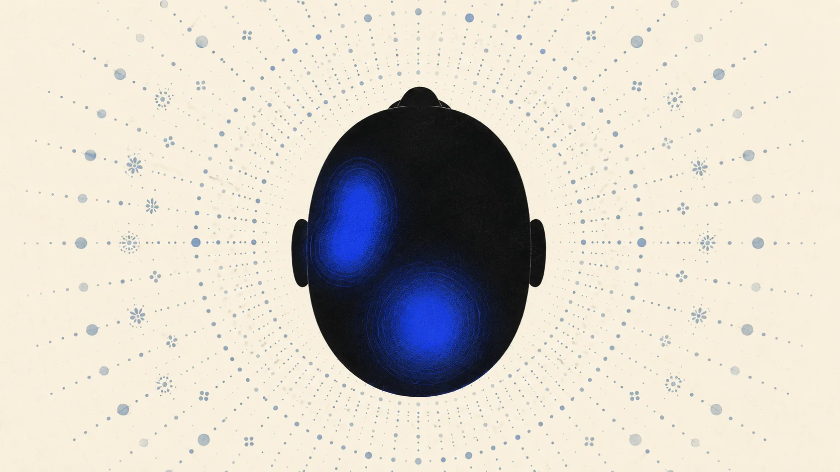 Schéma poétique du cerveau humain avec deux zones lumineuses cobalt représentant la jonction temporo-pariétale et le precuneus, sur fond ivoire