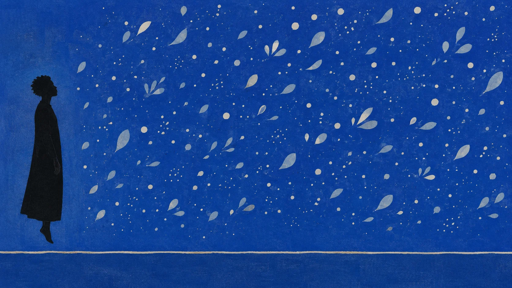Silhouette humaine en profil à gauche du cadre, regardant vers un vaste espace bleu cobalt orné de motifs organiques lumineux, sur fond ivoire-crème