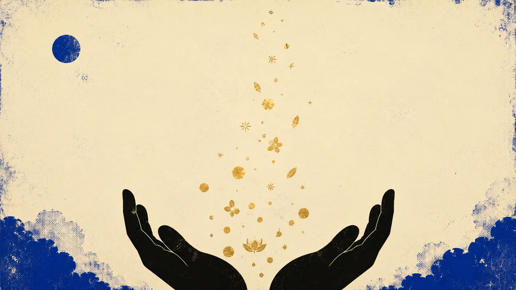 Deux mains en silhouette noire ouvertes vers le ciel, libérant une constellation de motifs organiques dorés qui s'élèvent vers un ciel ivoire-crème