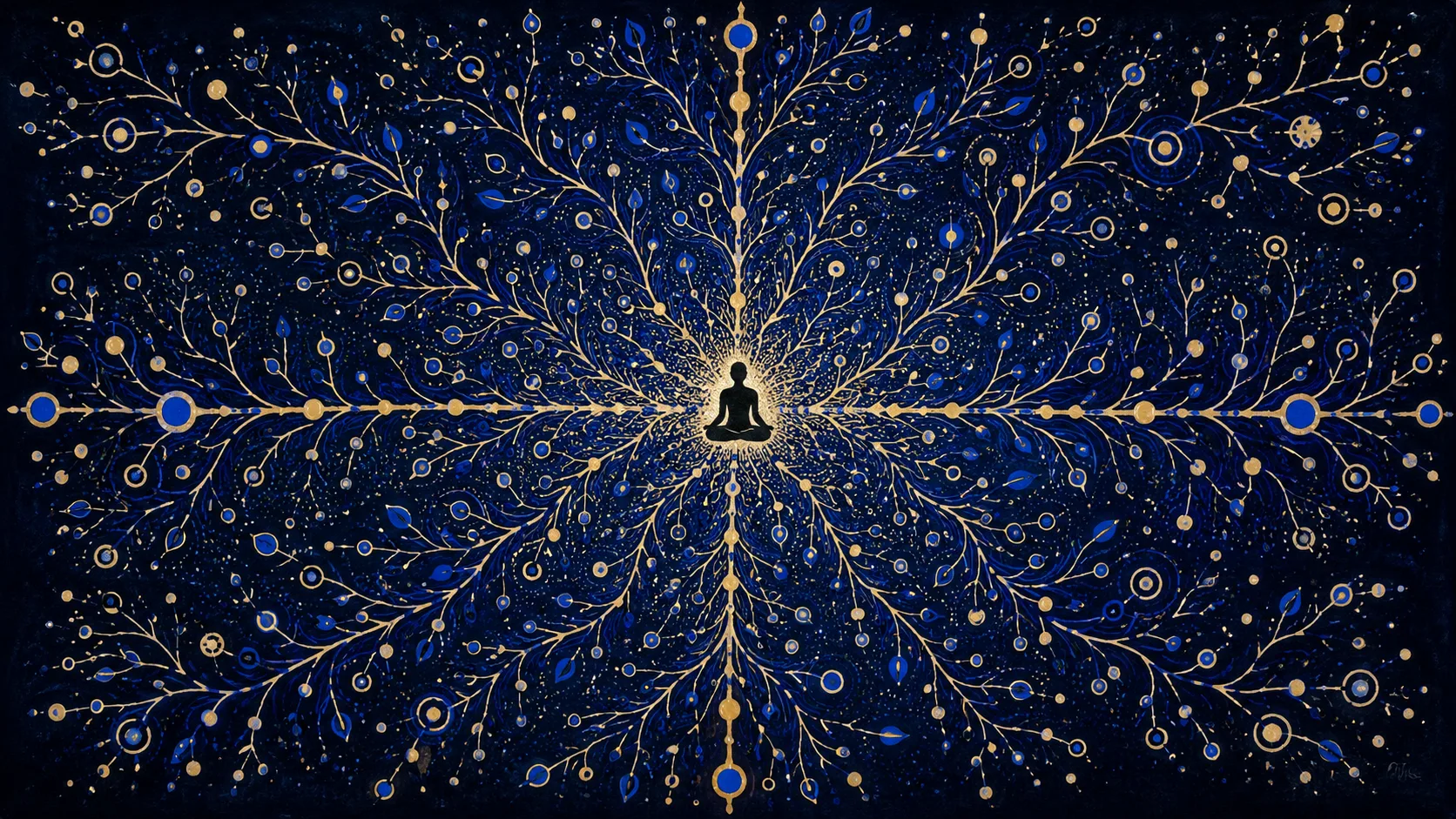 Vue aérienne d'une silhouette assise en méditation au centre d'un réseau de circuits lumineux bleus et dorés, motifs organiques rayonnants sur fond sombre